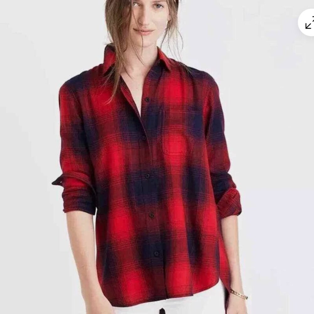 Madewell Red & Navy Blue Classic Ex-Boyfriend Shirt Wilder Plaid - Size M